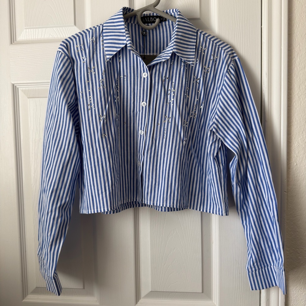 Balboa Striped Cropped Button Down Shirt Medium Rhinestone Detail Top